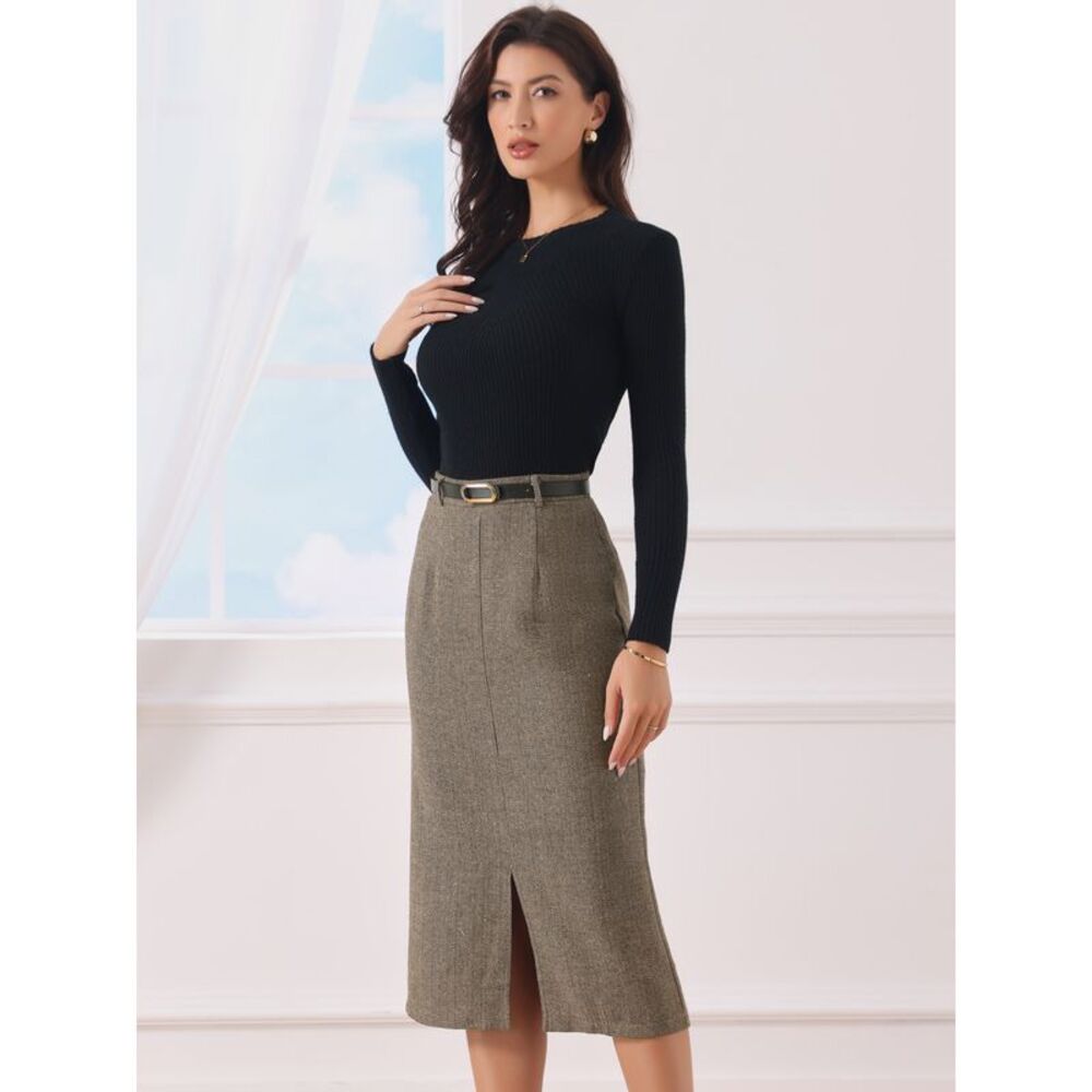 Women's Midi Pencil Skirt Fall Winter Slit Office Skirts with Belt Brown - Picture 4 of 5